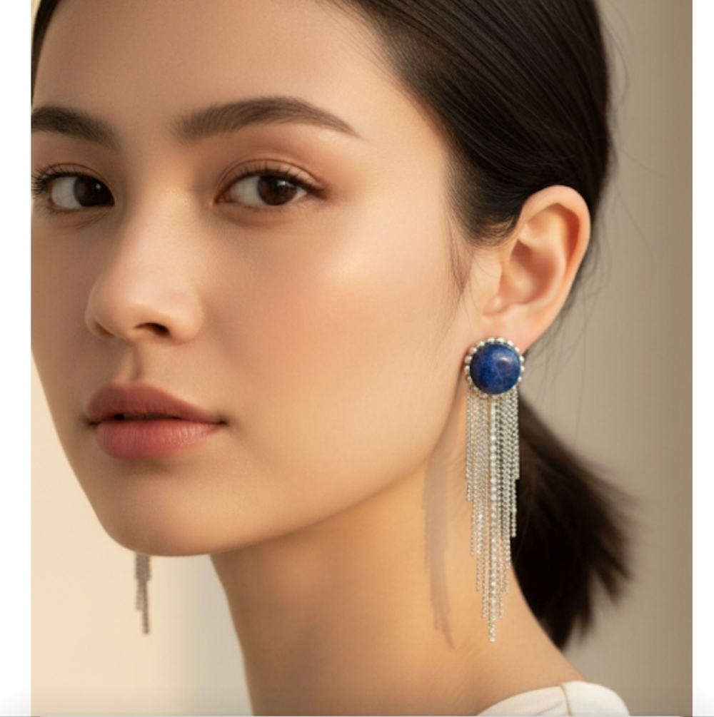 Time And Tru Blue Lapis With Cubic Zerconia Fringe Post Pierced Earrings
